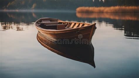 Boat On Lake Wooden Row Boat Drifting In Calm Water Stock Illustration