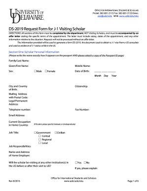 Fillable Online DS 2019 Request Form For J 1 Visiting Scholar Fax Email