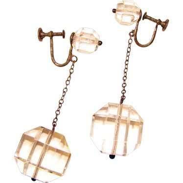 Fabulous ART DECO Faceted Crystal Glass Dangle Earrin Gem