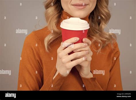 Woman Cropped View Hold Hot Cup Of Fresh Aromatic Morning Drink Grey Background Aroma Stock