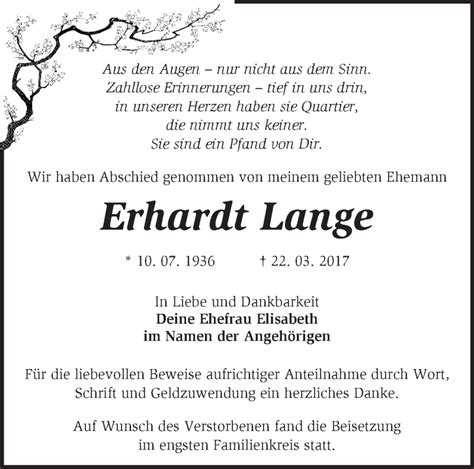 Traueranzeigen von Erhardt Lange Märkische Onlinezeitung Trauerportal