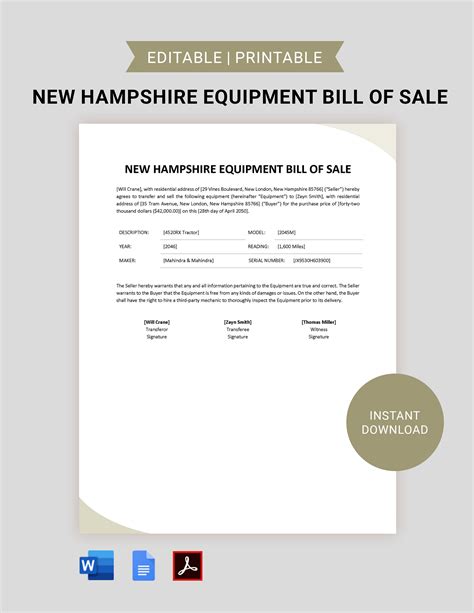 New Hampshire Bill Of Sale Template