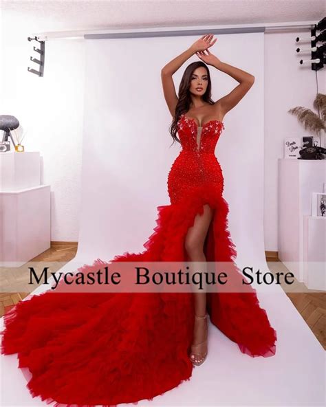 Gorgeous Crystal Mermaid Prom Dresses Sexy Side Slit Red Wedding Party