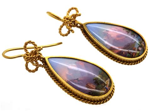 15ct Gold Swiss Enamel Drop Earrings 704h The Antique Jewellery Company