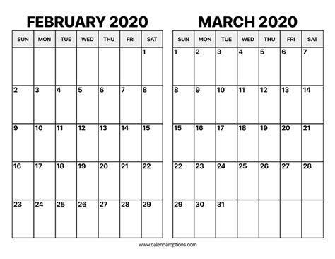 February and March 2020 Calendar – Calendar Options