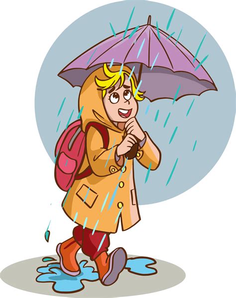 Cute Kids Autumn Vector Illustrationgirl Walking With Umbrella In The