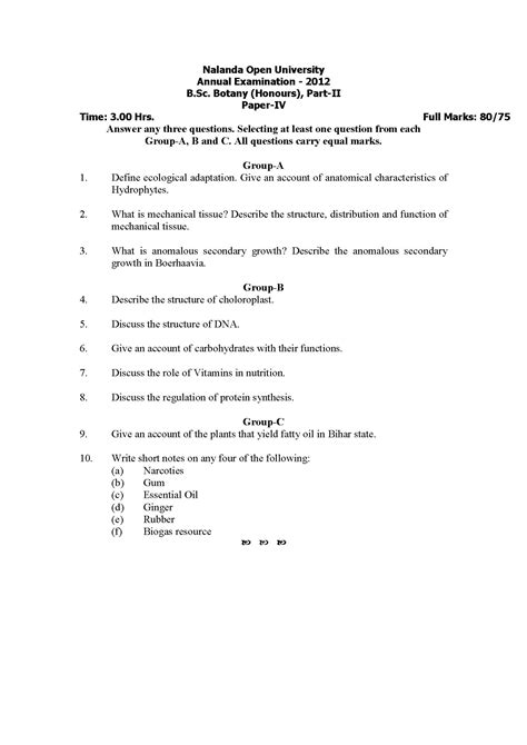 Nalanda Open University B Sc Botany Hons Part Ii Paper Iv 2012