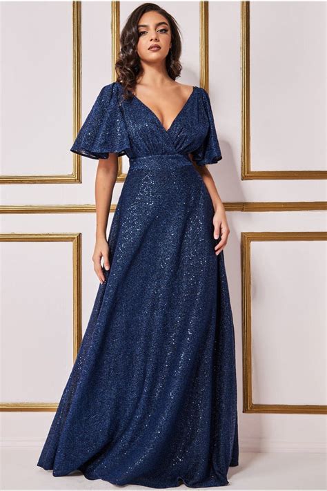 Goddiva Sequin Lurex Flutter Sleeve Maxi Dress Navy