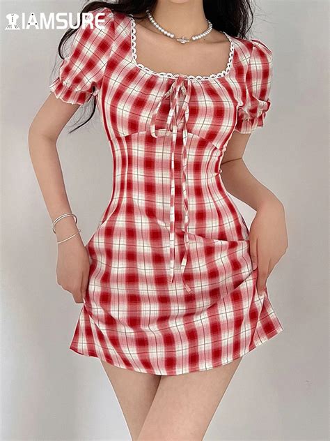 Iamsure Sweet Cute Plaid Bodycon Dress Sexy Slim Square Collar Puff Sleeve Mini Dresses For