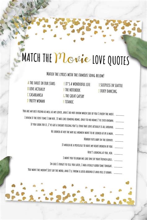 Match Movie Love Quotes Bridal Shower Games Printable Gold Etsy Uk