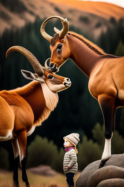 Lexica 3 Year Old Blonde Girl With A Hat Talking To A Cute Ibex Photorealistic