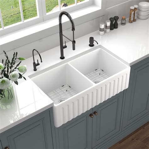 Buy HausinLuck 33 inch Fireclay Farmhouse Sink, Double 50/50 Apron Front Farm Kitchen Sink ...