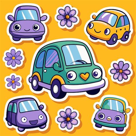 Caros Coches De Dibujos Animados Con Pegatinas De Flores Vector