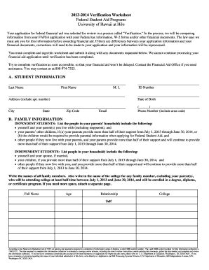 Fillable Online Hilo Hawaii Verification Worksheet 2013 2014