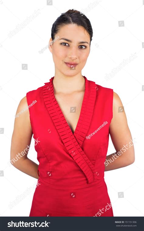 Content Sexy Brunette Red Dress Posing Stock Photo Edit Now