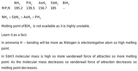 Correct Order Of Melting Point Of Hydrides Of Group 15