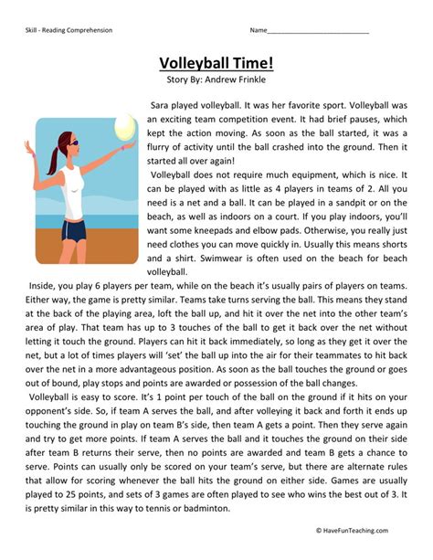 Reading Comprehension Worksheet Volleyball Time