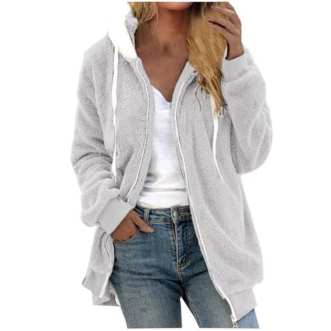 Aoujea Winter Long Coats For Women Plus Size Winter Warm Solid Loose Plush Zip Hooded Jacket