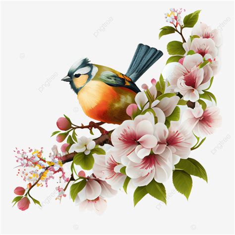 Bird On Spring Flowers Bird Spring Flowers PNG Transparent Clipart