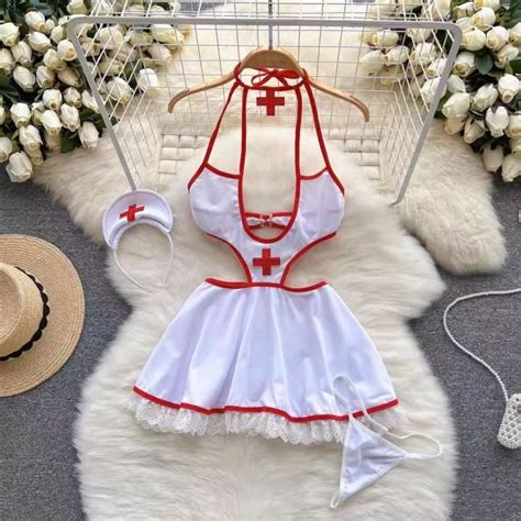 Dropped Waist Women S Sweet Nurse Cosplay Uniform Lingerie Set Revealing Neckline Lace Trimmed