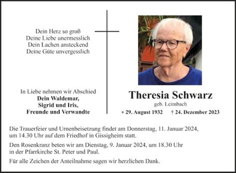 Traueranzeigen Von Theresia Schwarz Trauerportal Ihrer Tageszeitung