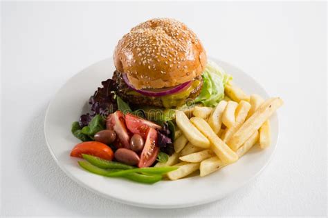 French Fries With Salad And Burger Stock Photo Image Of Prepared