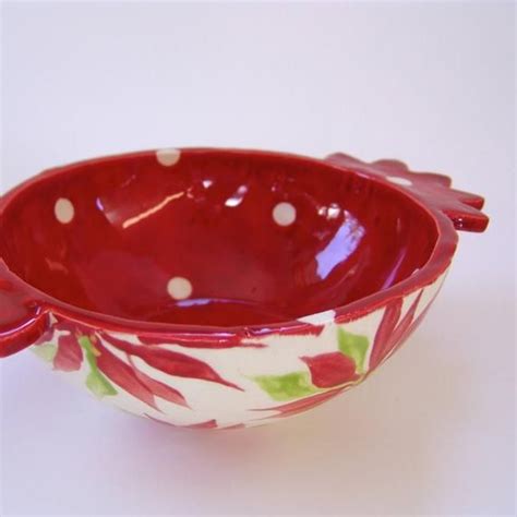 Poinsettia Pottery Serving Dish Hand Painted Floral Print Christmas Bowl Whimsical Christmas