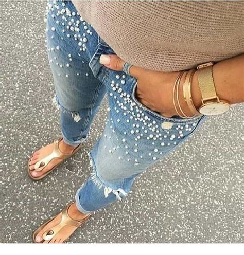 I Love Jeans With Pearls Pantalones Con Perlas Moda Jeans De Moda