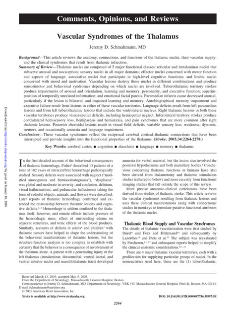 Vascular Syndromes Of The Thalamus Pdf Thalamus Neuroscience