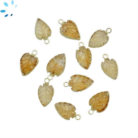 Citrine Carved Leaf Shape Gold Electroplated Charm X X Mm Set