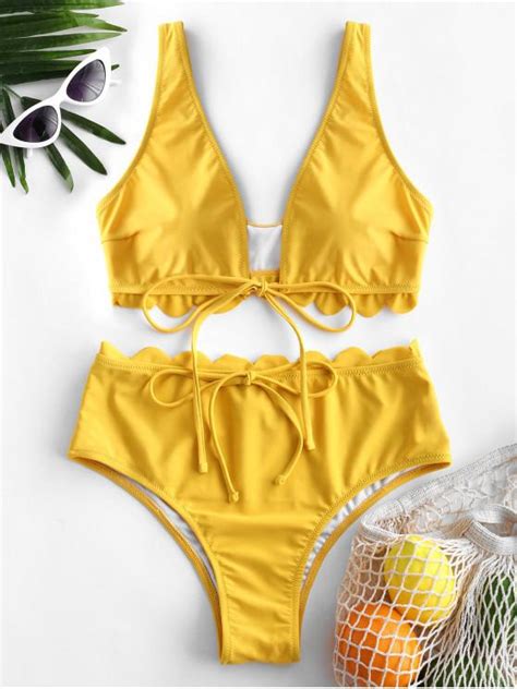 31 OFF 2021 ZAFUL Scalloped Plunging High Waisted Bikini Swimsuit In