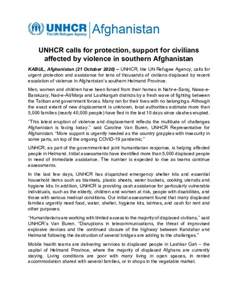 Document Unhcr Afghanistan Press Release On Displacement In Helmand