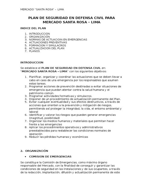 Plan De Seguridad En Defensa Civil Para Mercado Santa Rosa Pdf