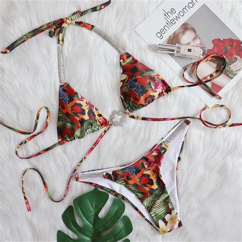 New Style Sexy Bandage Swimsuit Luxury Rhinestone Bikini Set African Printed Thong Swimwear