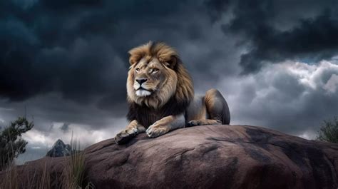 a stunning desktop wallpaper featuring a majestic lion resting on a rock in the savanna with a ...