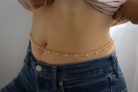 K Gold Waist Belly Chain Bikini Body Jewelry Figaro Dainty Pearl Beaded Waterproof Resistant