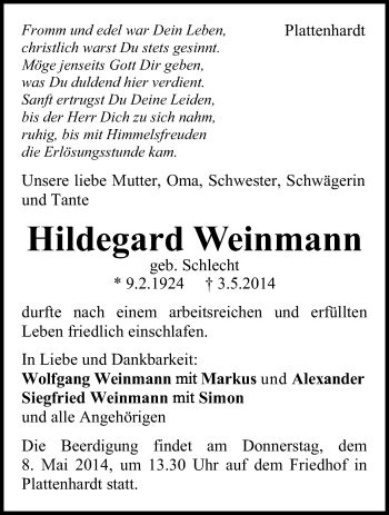 Traueranzeigen Von Hildegard Weinmann Stuttgart Gedenkt De