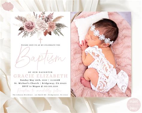 Editable Pampas Grass Baptism Invitation Bohemian Baptism Invitation Boho Baptism Christening