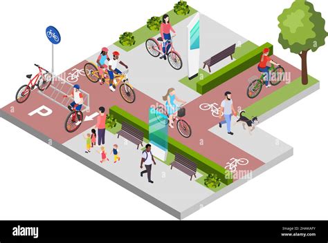 Composición isométrica con estacionamiento para bicicletas Personas