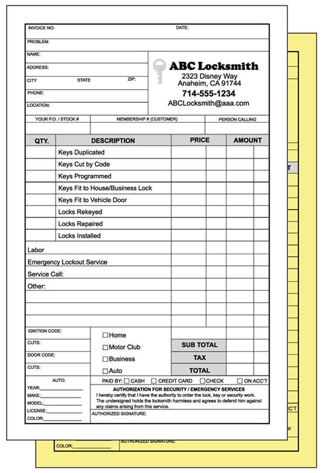 Locksmith Receipts Invoices Custom Printed 2 Part Ncr Work Order