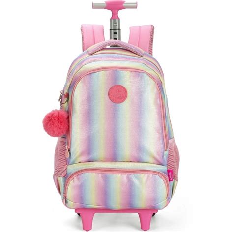 Mochila Rodinhas Barbie Pompom Glitter Rosa Luxcel