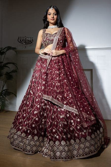 Buy Maroon Net Embroidered Dabka Sweetheart Floral Vine Bridal Lehenga