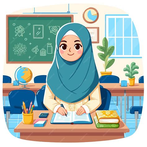 A Cartoon Illustration Of A Girl In A Blue Hijab Sits At A Desk In