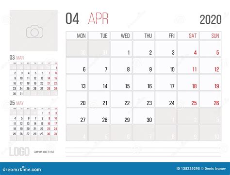 Calendar 2020 Planner Corporate Template Design April Month Stock ...