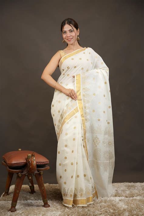 traditional kerala kasavu  golden border ready  wear saree