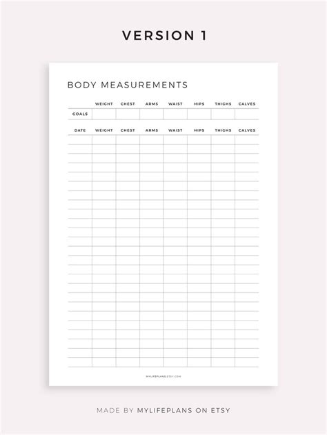 Body Measurements Tracker Printable Fitness Progress Sheet Etsy