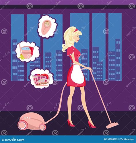 Beautiful Blonde Housewife Cleans The Room Stock Vector Illustration
