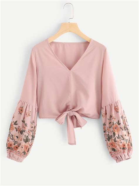 Floral Bishop Sleeve Knot Hem Blouse Fashion Tops Blouse Trendy