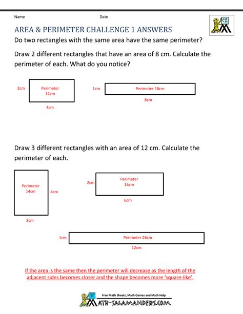 Area And Perimeter Challenge Ans Area And Perimeter