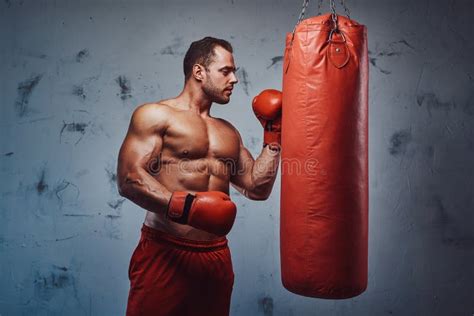 Muscular Man With Naked Torso Posing With Punching Bag Stock Image Image Of Coach Determined
